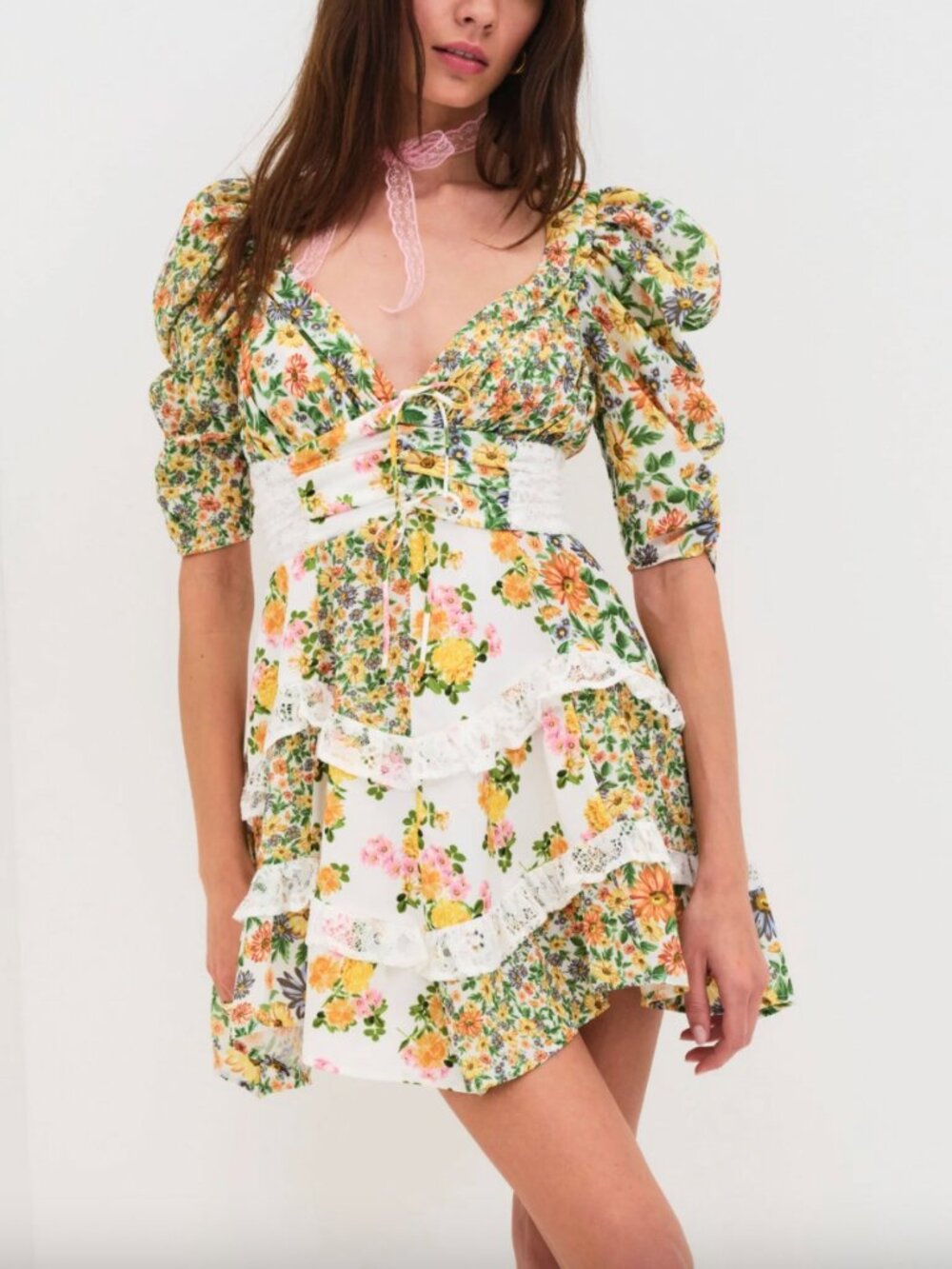 $286 For Love & Lemons Green White Floral Rosalyn Lace Trim Mini Dress size L